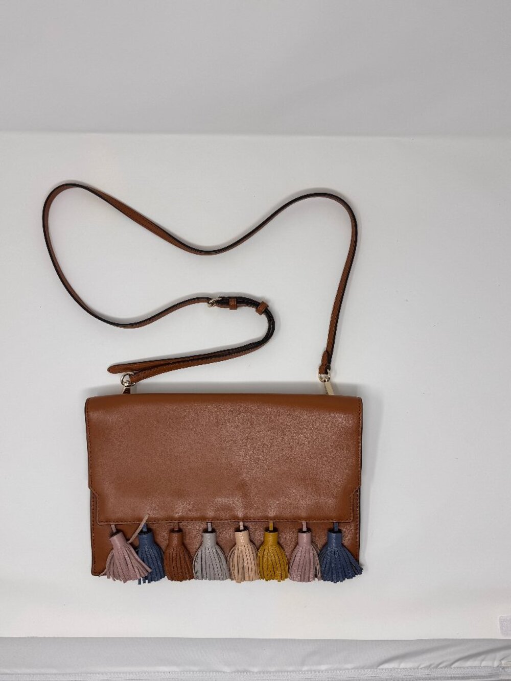 NWOT Rebecca Minkoff Sofia Multi Tassel Clutch Almond Leather Crossbody 11.5"